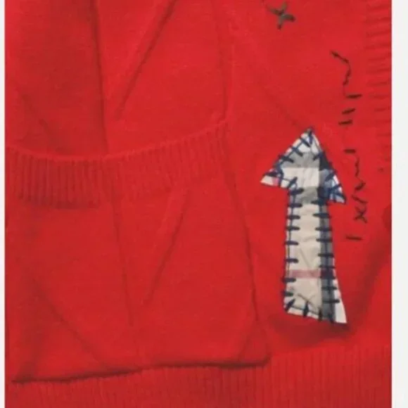 Red Graphic Cardigan Women Oversized Button Up Knit Sweater NEW Patchwork M - Picture 5 of 5